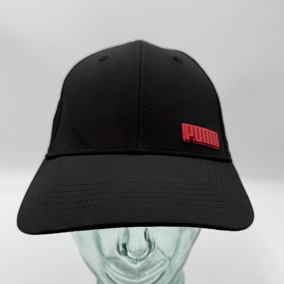 Puma Logo Baseball Hat Stretch Fitted Embroidered S/M Black Red Baseball Cap - Picture 1 of 9